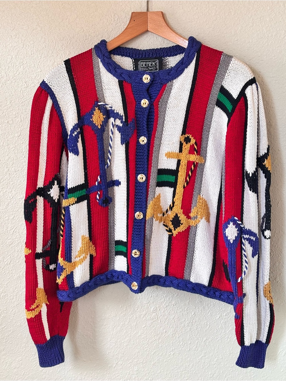 Berek Vintage hand knit nautical cardigan featuring anchor themes. Womenβs Large
